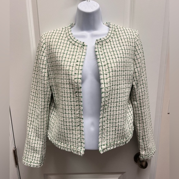 Ann Taylor women’s Green and Cream Fringe Tweed Jacket 4P - Picture 2 of 11